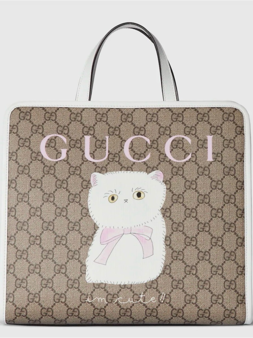Gucci Brown GG Supreme Tote with White Cat and Pink Accents